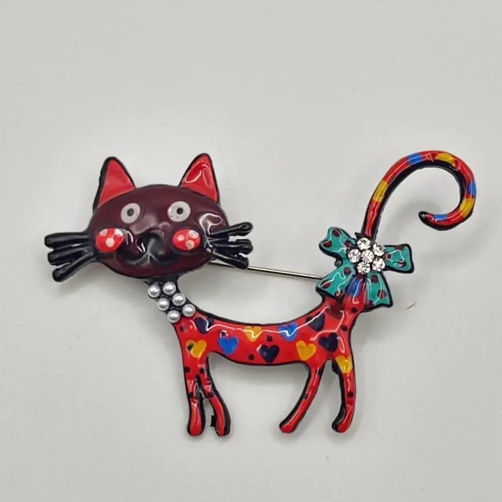Cat Brooch Brown & Orange Enamel Rhinestone Faux Pearl Accents Cartoon Style